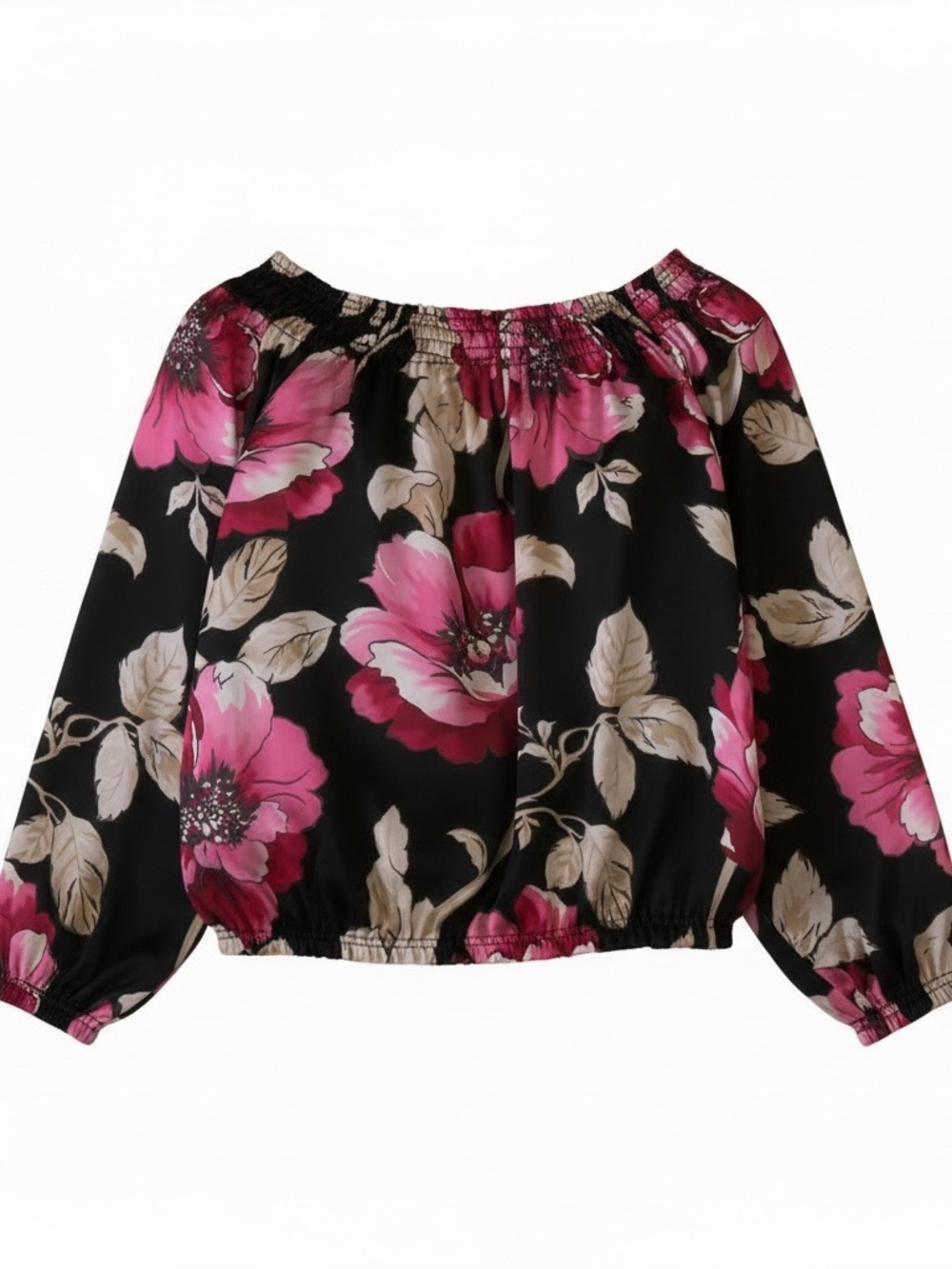 Zac & Rachel Black Off-Shoulder Blouse with Pink Floral Print
